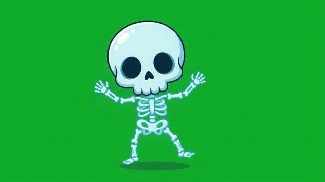 Halloween green screen: cute chibi skeleton dancing happily with funny moves, kawaii flat 2d cartoon, seamless loop overlay