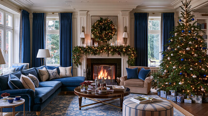 Obraz premium Elegant living room decorated for the holidays, a warm fireplace burning, and a large Christmas tree with presents