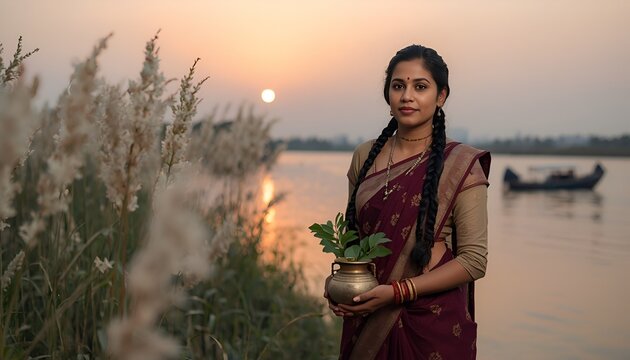 Graceful bengali woman holding sacred kalash beside peaceful river and kans grass during maha panchami durga puja and navratri festive ritual celebration