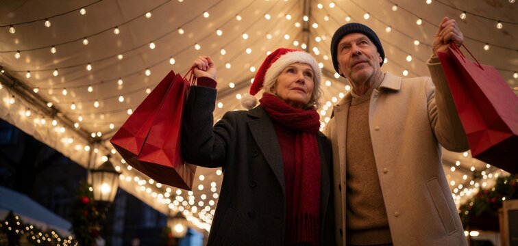 Senior couple shopping for Christmas presents under twinkling lights, holding bright red shopping bags up.