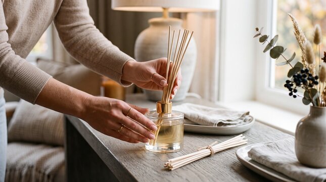 Woman arranging reed sticks in a glass diffuser bottle. Natural home fragrance and aromatherapy in a cozy living room interior