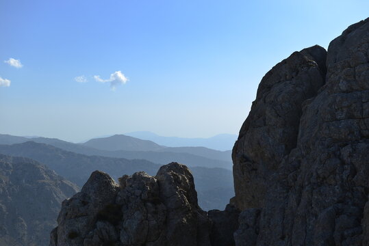 Rugged Rocky Slopes and Pine Forests Stretch Across a Mountain Panorama