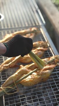 Slow motion of authentic Thai grilled chicken (Kai Yang) sizzling on charcoal grill.