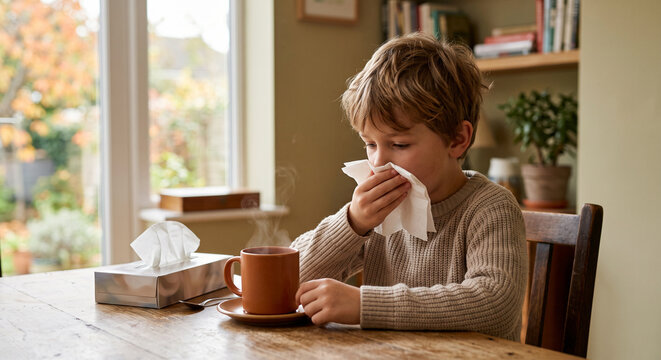 Sick little boy blowing nose into tissue paper while sitting at wooden dining table with hot drink indoor