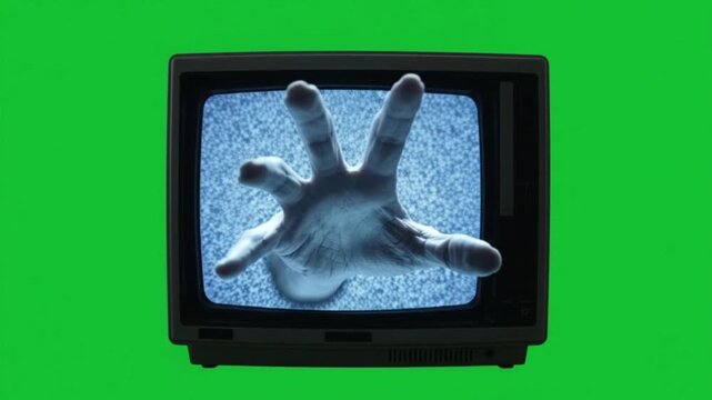 Halloween green screen: cursed vintage tv with a ghost hand reaching out of the static screen, analog horror, seamless loop overlay