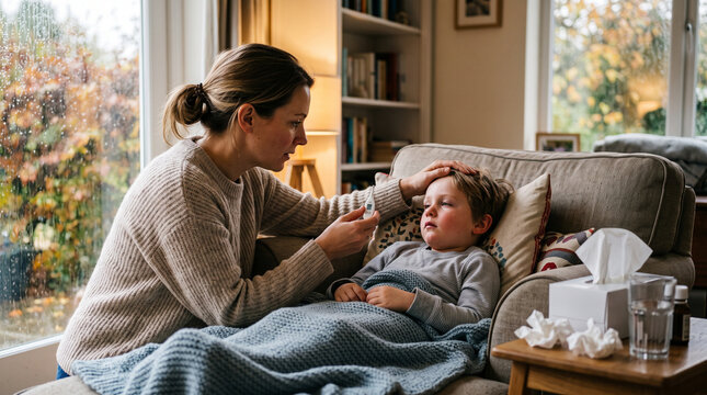 Mother caring for her sick little son lying on a living room sofa with fever temperature thermometer