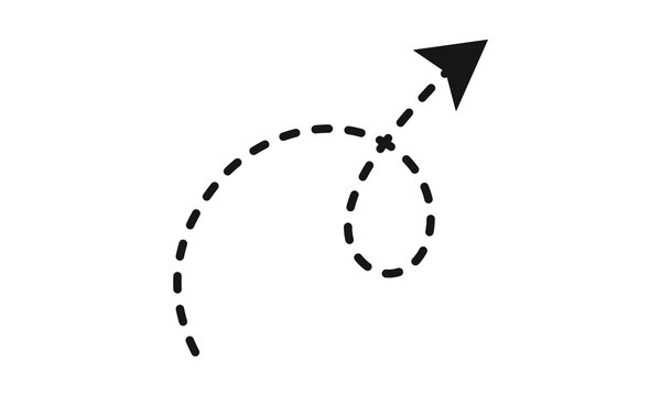 Dotted arrow tracing a swirling path with a sharp arrowhead indicating a coiled or spiral direction on white.