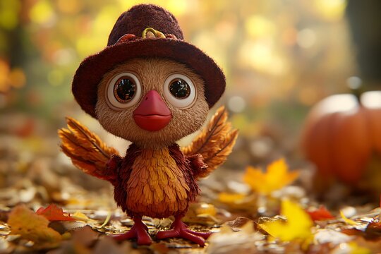 Adorable cartoon turkey wearing a pilgrim hat in an autumn forest