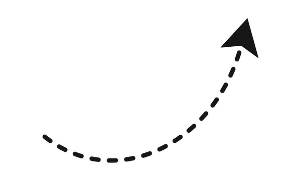 Dotted line arrow pointing upward and forward for progress and direction, black isolated on white background.
