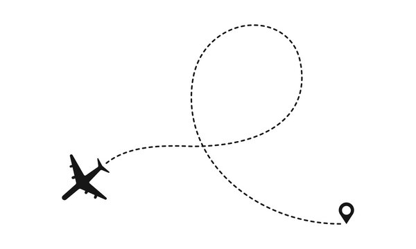 Airplane on a dotted line path making a loop, symbolizing travel and route with location markers, black and white vector.