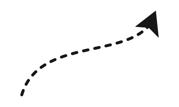 Gentle curved dashed arrow in black, pointing diagonally upwards, providing a simple visual cue for direction or progression in designs.