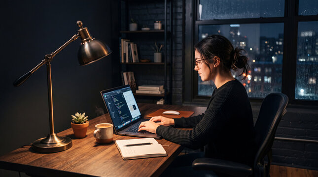 Female software developer deeply focused on coding at night using an ultrawide curved monitor in a dark aesthetic home office.