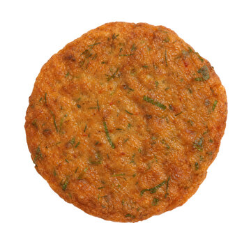 Flat round Thai tod mun pla fish cake with reddish-golden surface Isolated on White Background