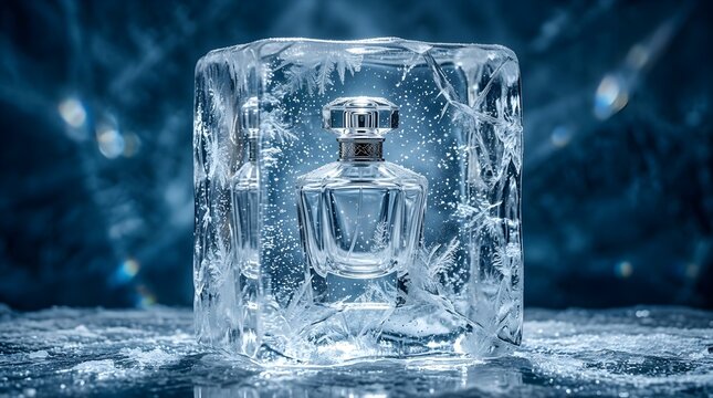 Luxury glass perfume bottle encased inside a large transparent ice cube featuring intricate frost patterns and glowing blue studio lighting creating a cold winter mood