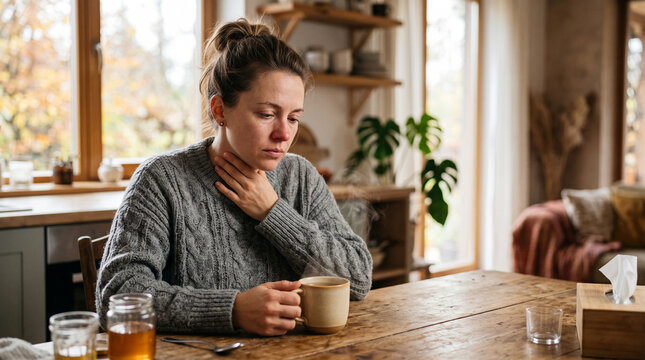 Sick woman touching painful sore throat while holding hot tea mug sitting at wooden kitchen table indoors daytime