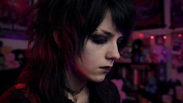 Moody punk teenager with gothic makeup and emo style in bedroom