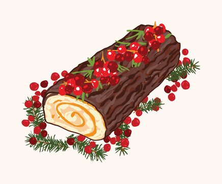 Chocolate Yule Log Cake with Red Berries and Evergreen Christmas Decoration