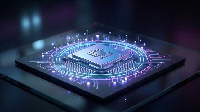 A high tech computer processor chip with glowing digital circuit board lines