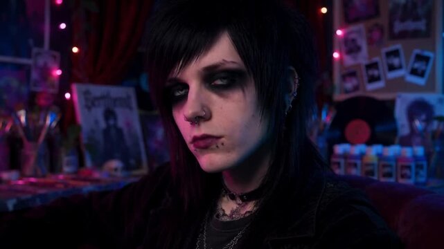 Punk rock girl in dark gothic bedroom with emo aesthetic vibes