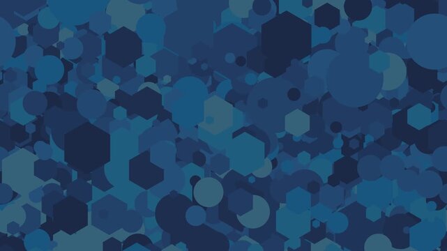 Hexagons and circles shifting, blue geometric pattern, dynamic motion backdrop