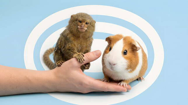 Pygmy marmoset monkey, guinea pig and human hand in studio with animal care, pet owner and exotic species. Small rodent, primate and hand for vet clinic, biodiversity and wildlife education.