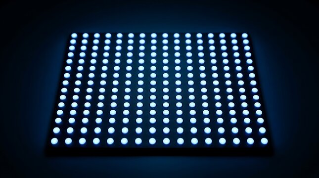 Abstract background featuring a rectangular grid of glowing blue led lights arranged in precise rows and columns on a dark surface