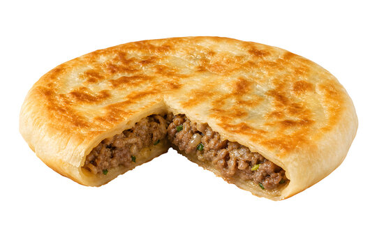Northern Chinese xian bing stuffed meat pie, flat round golden pan-fri Isolated on White Background