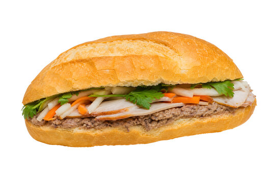 Lao khao jee pate, compact baguette sandwich filled with p&acirc;t&eacute;, sliced Isolated on White Background
