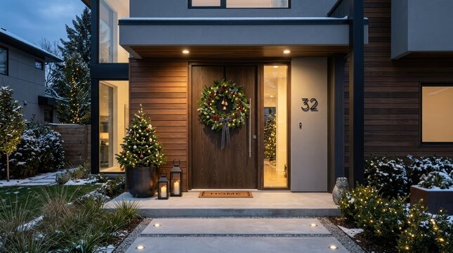 A modern house with a wooden facade, a wreath on the door, and a well-lit entrance. The front yard is decorated with Christmas trees and lights, and the house is surrounded by snow-covered bushes 
