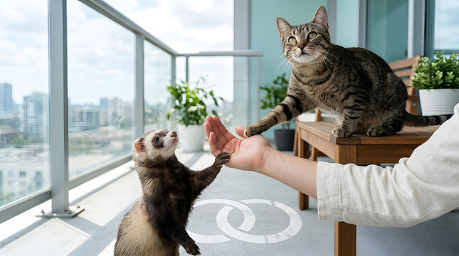 Ferret, cat and pets high five with human hand on balcony for friendship, animal bonding and domestic lifestyle. Tabby kitten, small mammal and owner at home with city view, care and togetherness