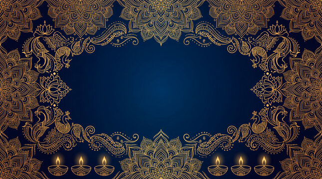Elegant seamless decorative background inspired by Indian rangoli and mandala motifs with gold linework on midnight blue.