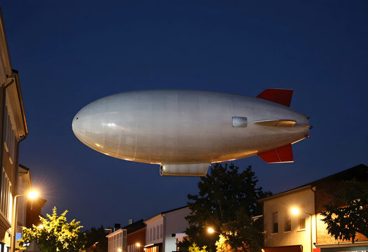 Aviation and travel nostalgia, silver zeppelin airship flying over a quiet residential street at night with glowing street lights and dark sky