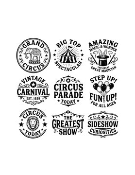 Vintage Circus Emblems And Carnival Retro Badges Collection With Elephant Lion Tent And Magic Show Vector Illustration