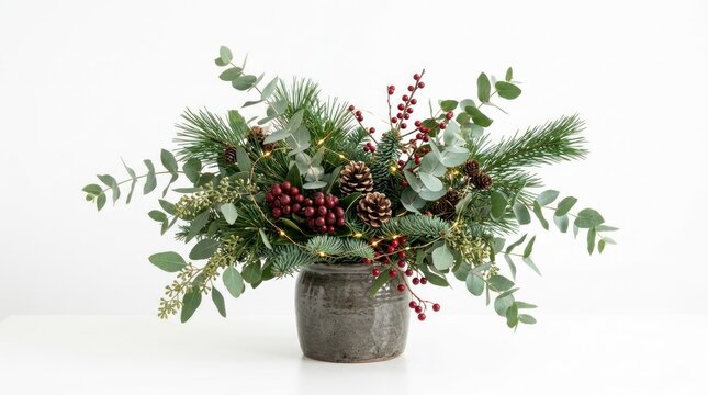 A festive floral arrangement in a ceramic vase, featuring pine branches, eucalyptus leaves, pine cones, and red berries. The arrangement is illuminated with small fairy lights