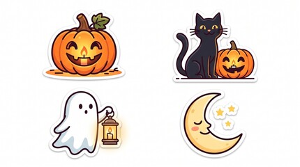 Obraz premium Set of cute halloween stickers featuring a jack o lantern pumpkin a black cat a ghost with a lantern and a smiling crescent moon