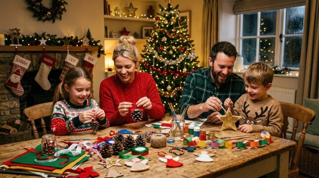 A family of four engaged in holiday crafts at a table, surrounded by Christmas decorations and a lit tree. The scene is warm and festive, with everyone smiling and enjoying the activity together.