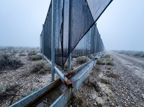 Tall Steel Border Wall Fence with Mesh Screen Stretching Across Foggy Desert Landscape with Dirt Road and Dry Shrubs, Security Barrier, Immigration Boundary and Remote Frontier Scene