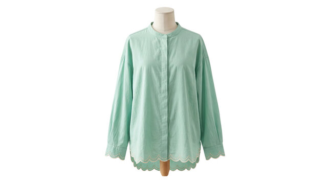 Stylish mint green long-sleeve blouse, a casual women's fashion top with a unique scalloped hem and band collar, perfect for spring and summer apparel designs.
