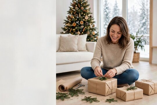 Woman wrapping sustainable Christmas gifts in kraft paper