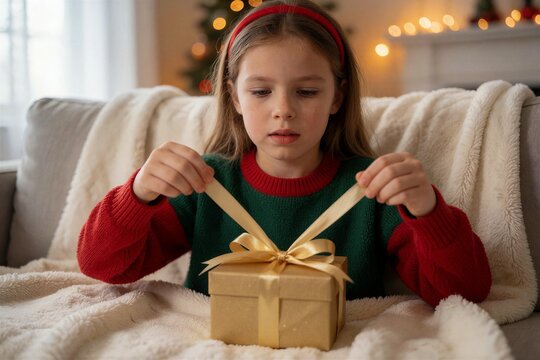 Young girl unwraps a small golden gift box on a cozy sofa, capturing a sweet moment during holiday Christmas breakfast at home.