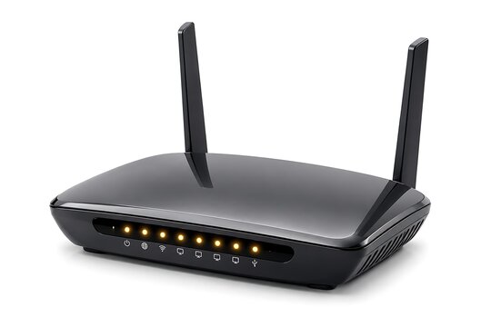 Wireless Wi-Fi router isolated on white background, modern black internet modem device with antennas for high speed network connectivity