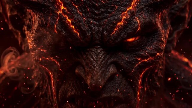 Epic cinematic footage: terrifying hellish ember demon face with molten lava cracks and evil grin, infernal horror