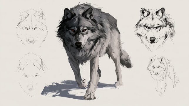Gray wolf digital illustration with detailed central portrait and surrounding pencil sketches on a light background, wildlife concept art composition
