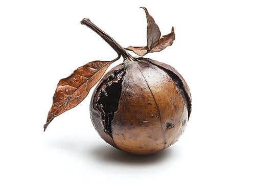 A single overripe black sapote fruit with dry leaves isolated on white background