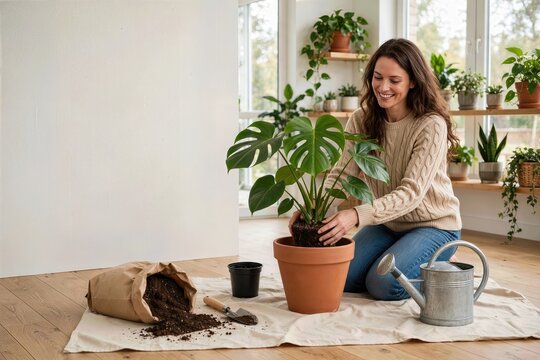 Woman repotting monstera houseplant in bright living room