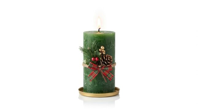 A green Christmas candle with pinecones and berries, lit and placed on a gold base against a white background.