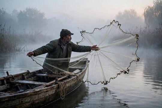 Fisherman casting a net from a wooden boat at dawn