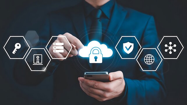 Businessman holding smartphone with virtual cloud computing technology and data protection security icons