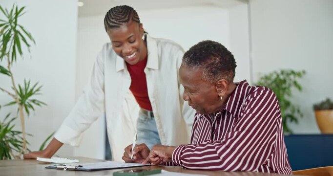 Senior, mom and woman with document for sign, insurance registration help or support with form. Black family, adult daughter and happy mother with signature, pension application or assistance in home