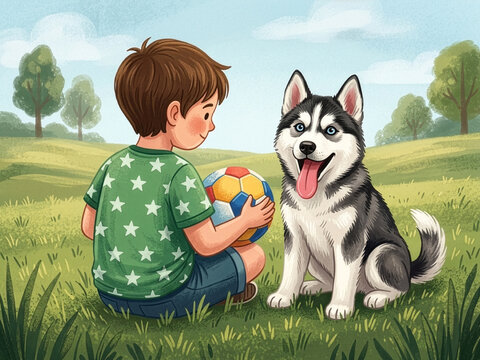 Anak duduk di rumput memegang bola, husky menjulurkan lidah di sampingnya, angle low angle, kaos hijau dengan motif bintang putih, tekstur gouache, rasio 4:3 landscape, vector illustration